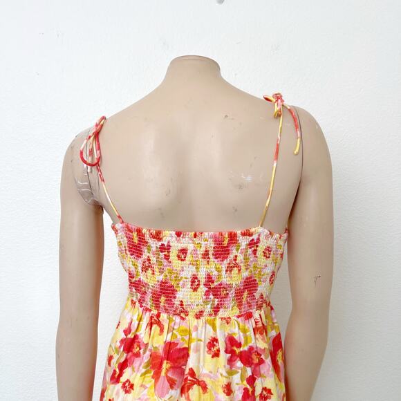 [Old Navy] Pink Floral Print Linen Blend Square Neck Mini Dress Smocked Sz Large - Picture 7 of 12